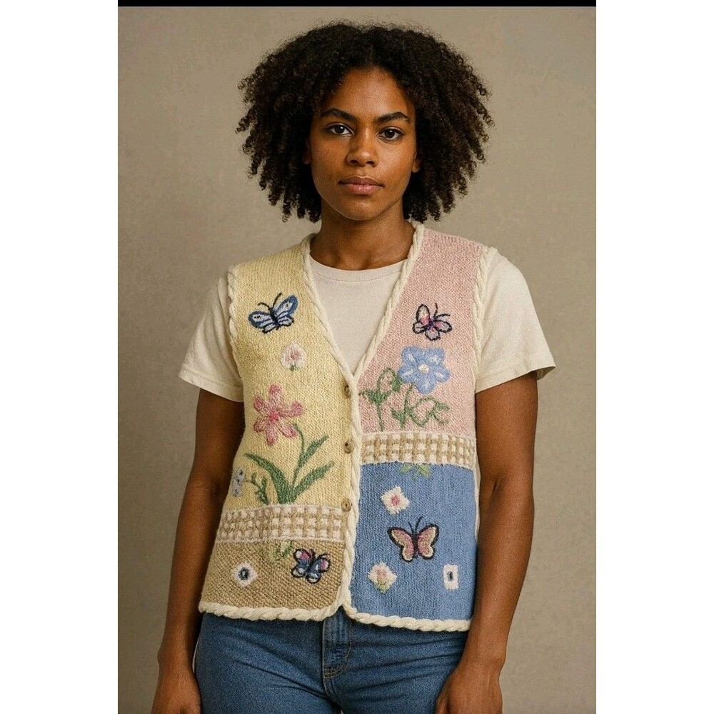 VTG Cottagecore Embroidered Knit Sweater Vest Butterfly Floral Fairycore Sz.M